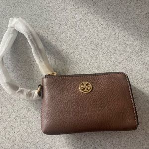 Tory Burch brown metallic wristlet coin purse